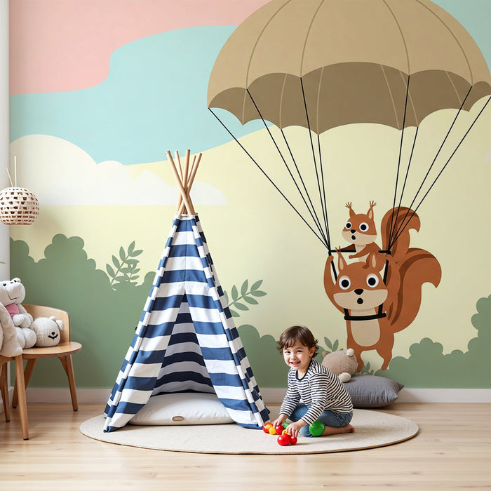 Papel de parede criança | Esquilos aventureiros de paraquedas