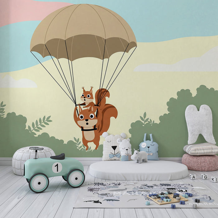 Papel de parede criança | Esquilos aventureiros de paraquedas