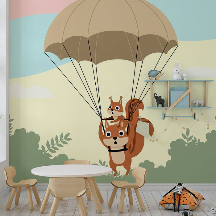 Papel de parede criança | Esquilos aventureiros de paraquedas