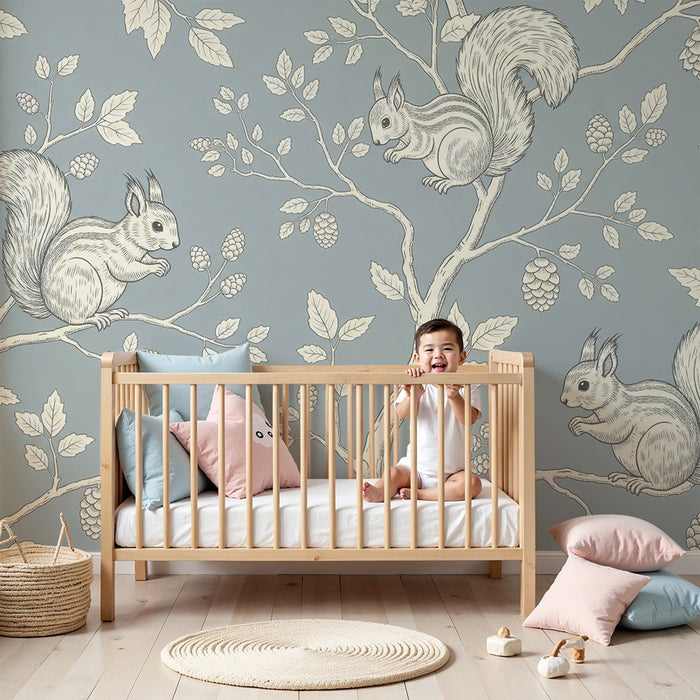 **Text tradus:**

Tapet cameră copii | Veverițe jucăușe într-un decor cu crengi și frunziș

**Slug (pentru SEO):** tapet-camera-copii-veverite-jucause-decor-crengi-frunzis
