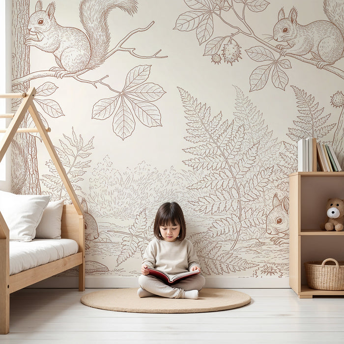 Children's bedroom wallpaper | Playful squirrels in a monochrome forest