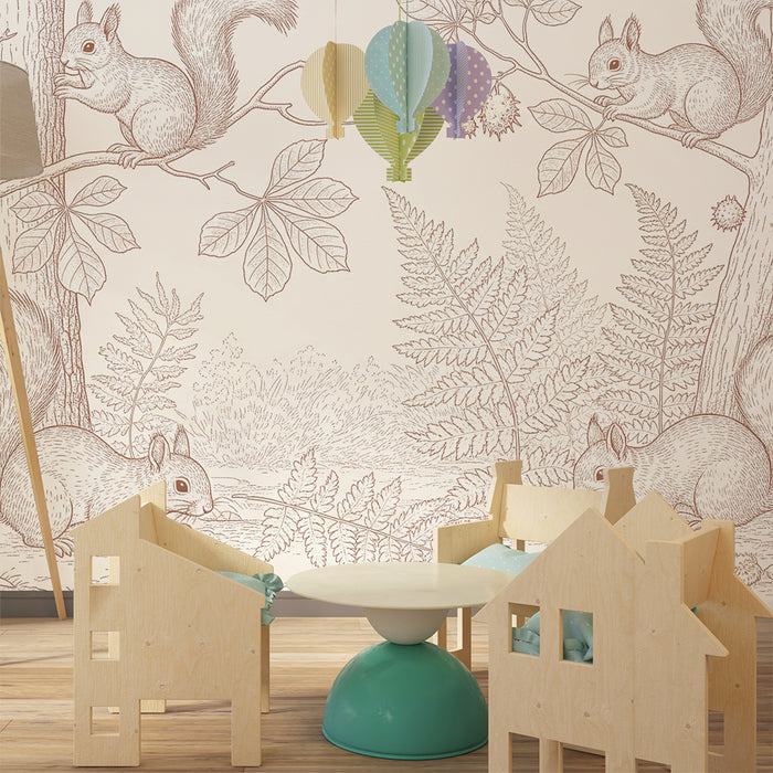 Children's bedroom wallpaper | Playful squirrels in a monochrome forest