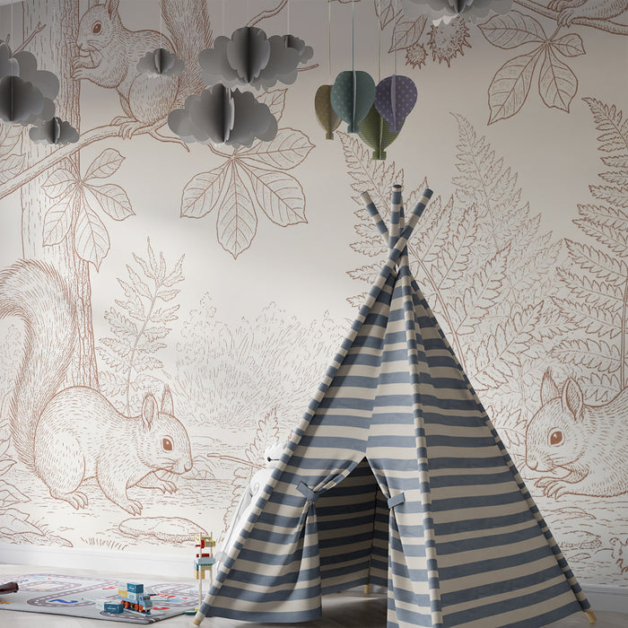 Children's bedroom wallpaper | Playful squirrels in a monochrome forest