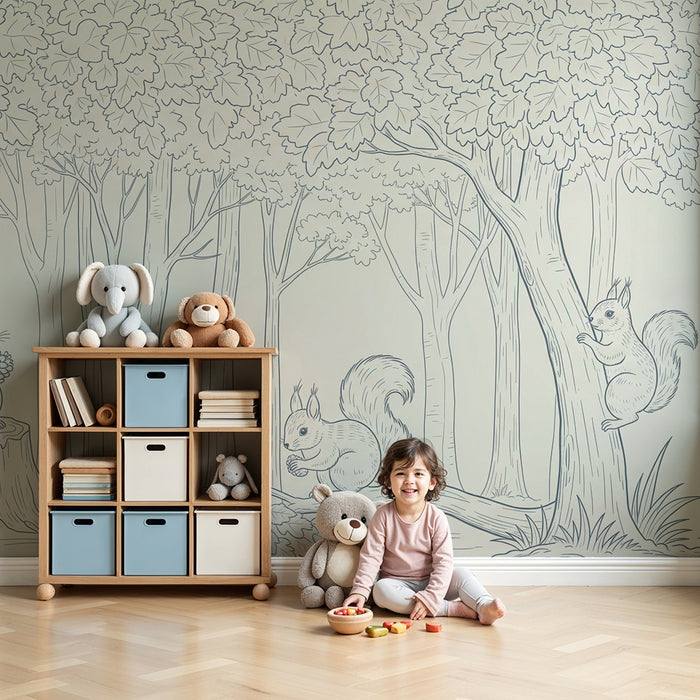 Behang kinderkamer | Speelse eekhoorns in een rustig bos