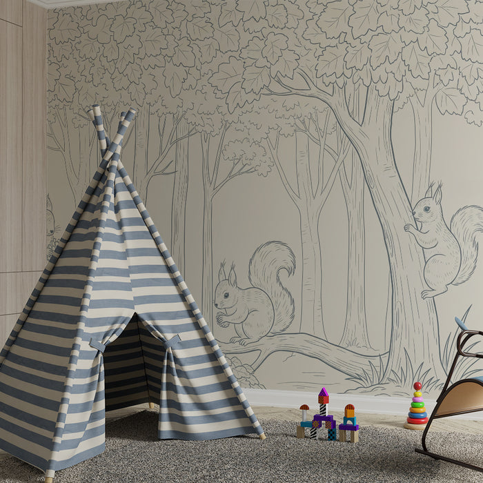 Behang kinderkamer | Speelse eekhoorns in een rustig bos