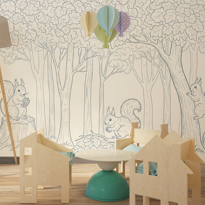 Behang kinderkamer | Speelse eekhoorns in een rustig bos