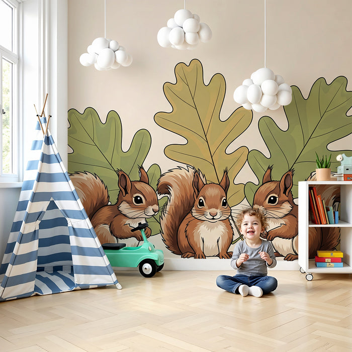 Kinderzimmer Tapete | Verspielte Eichhörnchen zwischen Eichenblättern