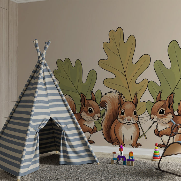 Kinderzimmer Tapete | Verspielte Eichhörnchen zwischen Eichenblättern