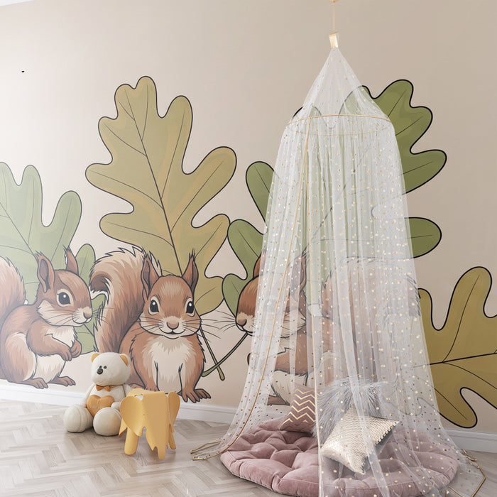 Kinderzimmer Tapete | Verspielte Eichhörnchen zwischen Eichenblättern