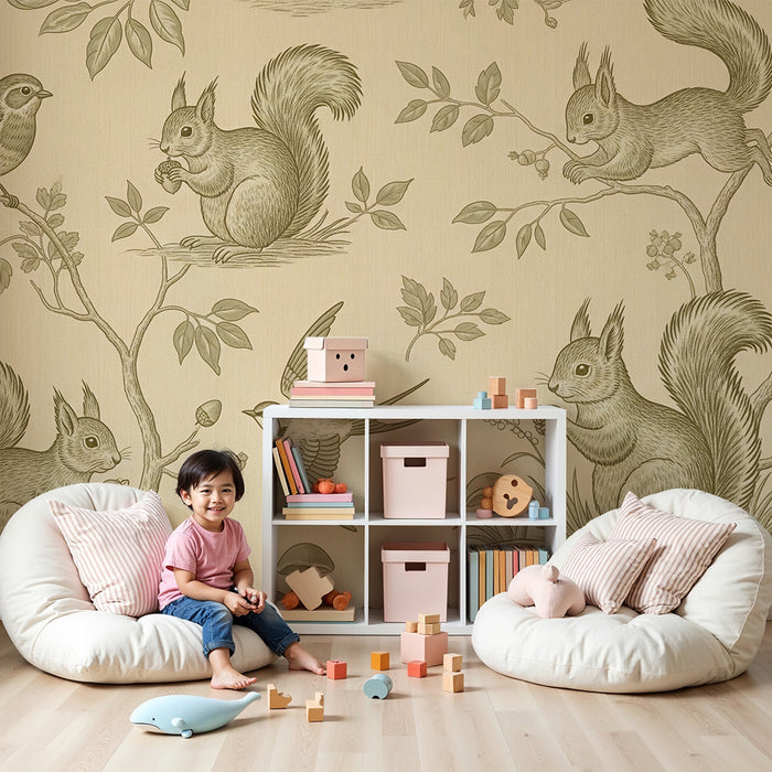 Papier peint chambre enfant | Écureuils et oiseaux dans un décor naturel