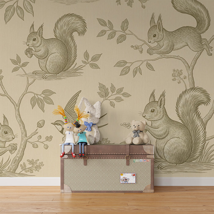 Papier peint chambre enfant | Écureuils et oiseaux dans un décor naturel