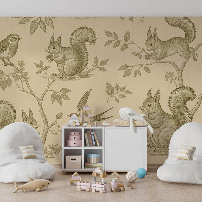 Papier peint chambre enfant | Écureuils et oiseaux dans un décor naturel
