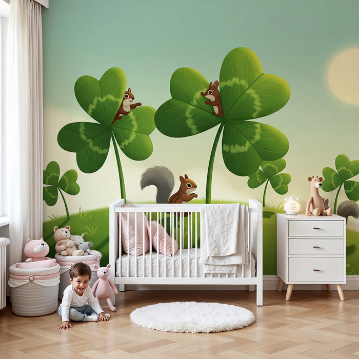 Children's Room Wallpaper | Playful Squirrels Under Clover Leaves