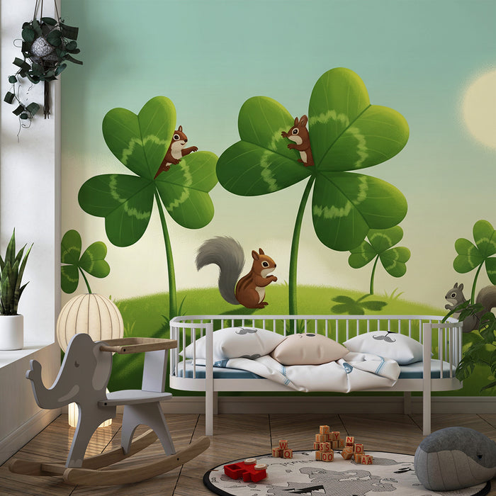 Children's Room Wallpaper | Playful Squirrels Under Clover Leaves