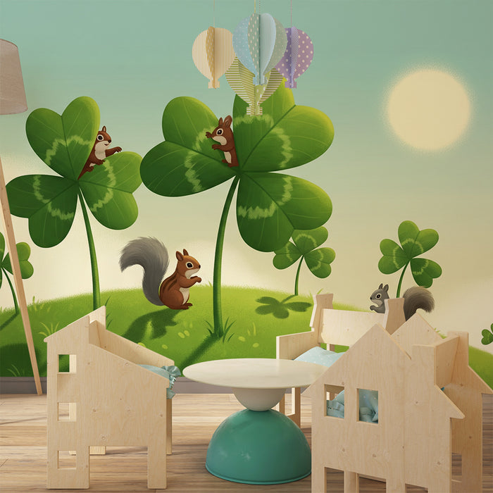Children's Room Wallpaper | Playful Squirrels Under Clover Leaves