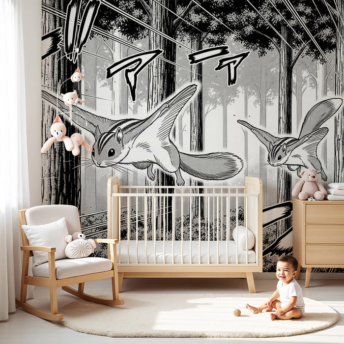 Papier peint chambre enfant | Écureuils volants dans une forêt enchantée