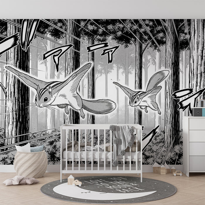 Papier peint chambre enfant | Écureuils volants dans une forêt enchantée