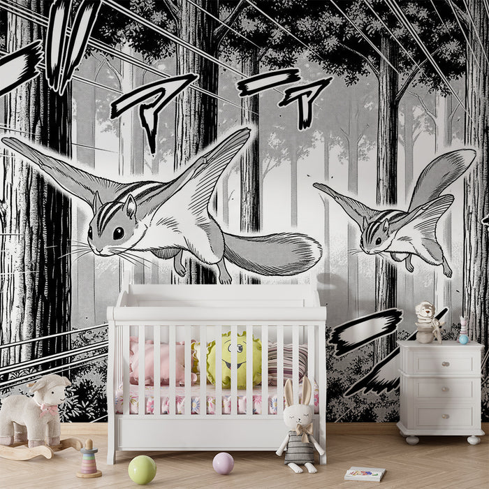 Papier peint chambre enfant | Écureuils volants dans une forêt enchantée