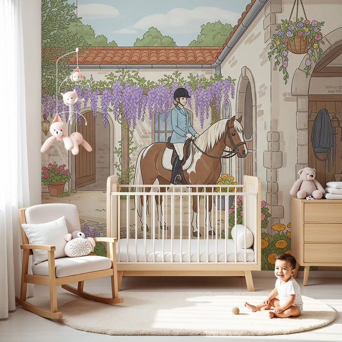 Papier peint chambre enfant | Écurie enchantée avec chevaux et fleurs colorées