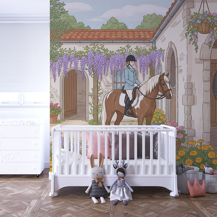 Papier peint chambre enfant | Écurie enchantée avec chevaux et fleurs colorées