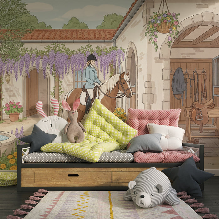Papier peint chambre enfant | Écurie enchantée avec chevaux et fleurs colorées