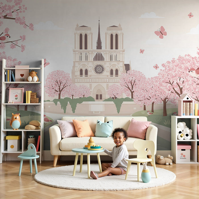 Carta da parati per camera bambini | Chiesa maestosa circondata da ciliegi in fiore e uccelli