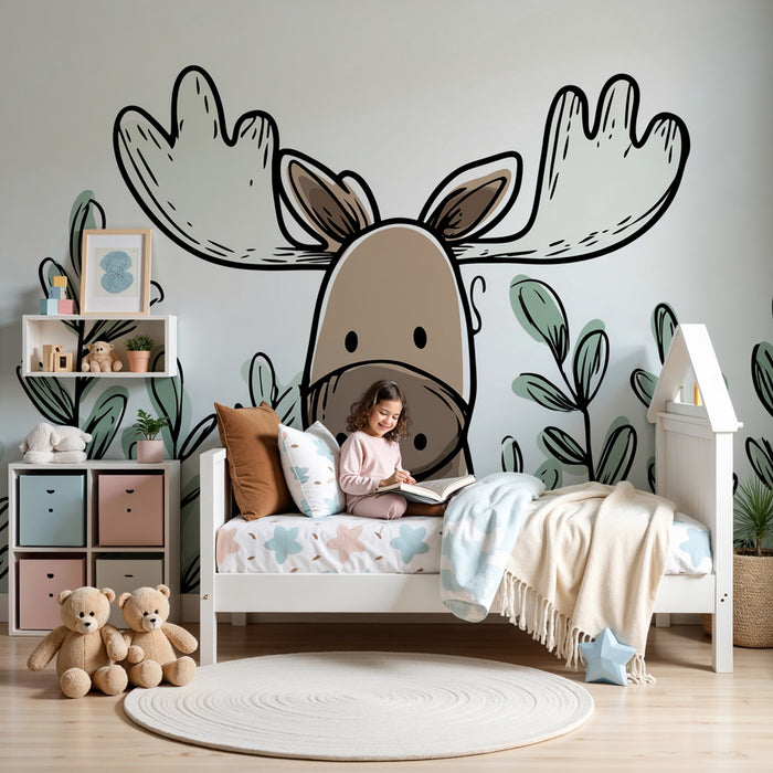 Papier peint chambre enfant | Élan mignon au milieu de la végétation