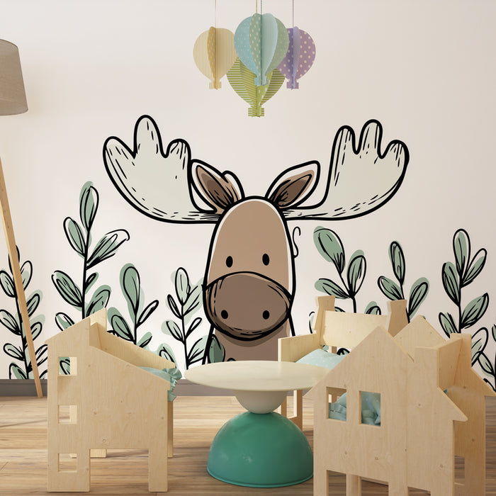 Papier peint chambre enfant | Élan mignon au milieu de la végétation