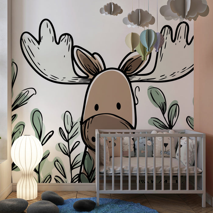 Papier peint chambre enfant | Élan mignon au milieu de la végétation