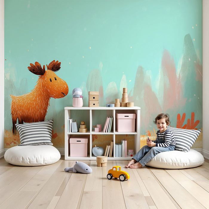 Kinderkamer behang | Schattige elanden in een herfstlandschap