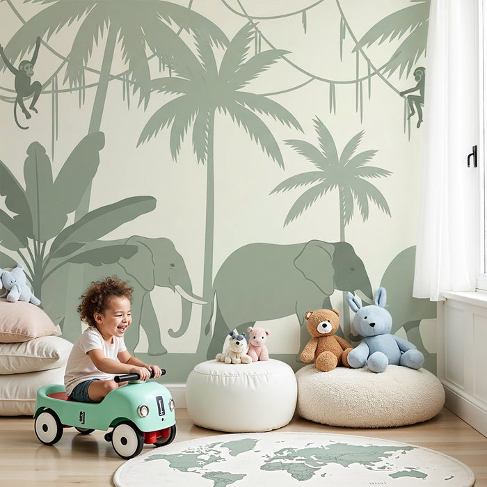 Tapet barnerom | Elegant jungel med elefanter og aper