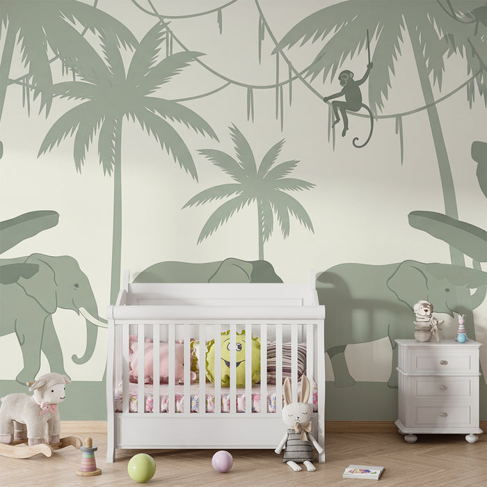 Tapet barnerom | Elegant jungel med elefanter og aper
