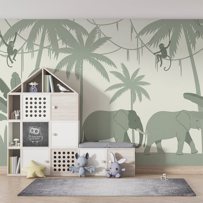 Tapet barnerom | Elegant jungel med elefanter og aper