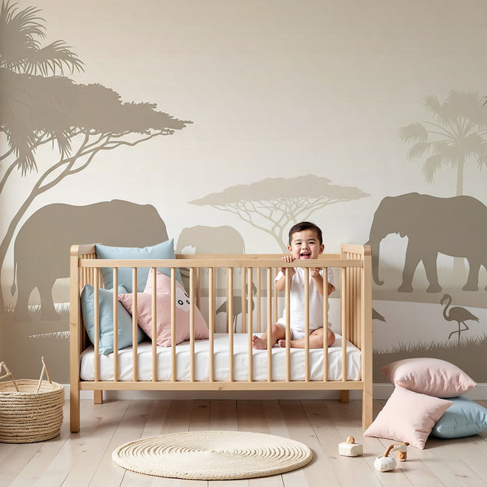 Tapet barnerom | Eleganse fra savannen med elefanter og flamingoer