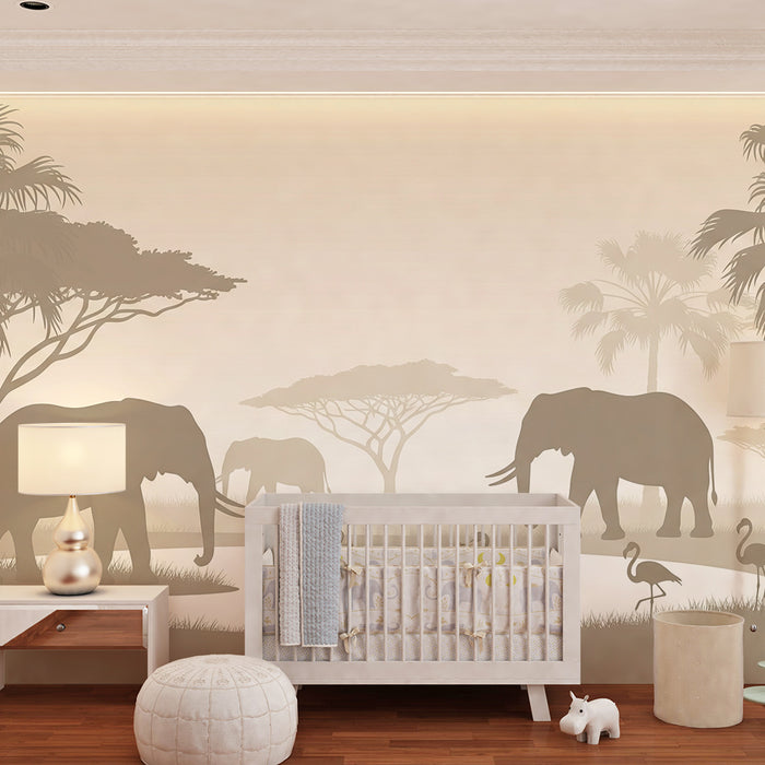 Tapet barnerom | Eleganse fra savannen med elefanter og flamingoer