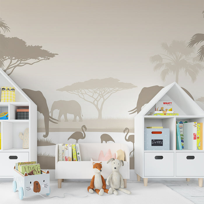 Tapet barnerom | Eleganse fra savannen med elefanter og flamingoer
