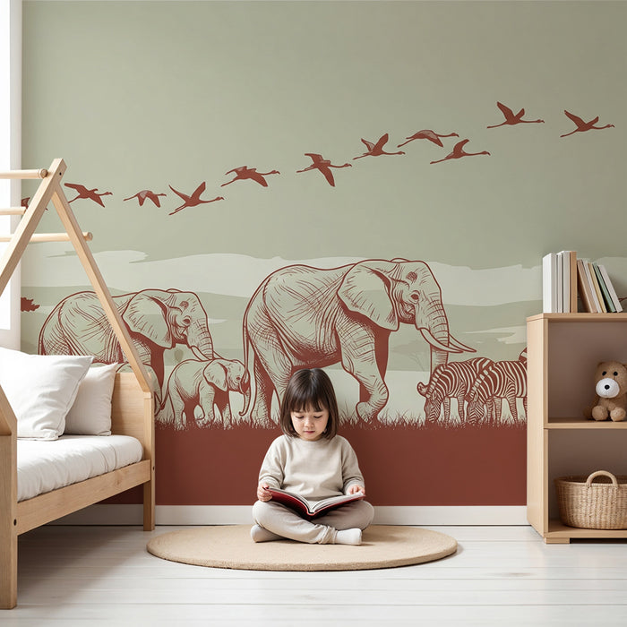 Papel de parede criança | Elegância da savana com elefantes e zebras