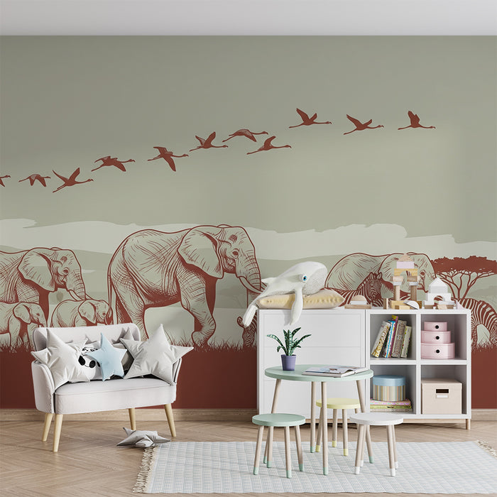 Papel de parede criança | Elegância da savana com elefantes e zebras