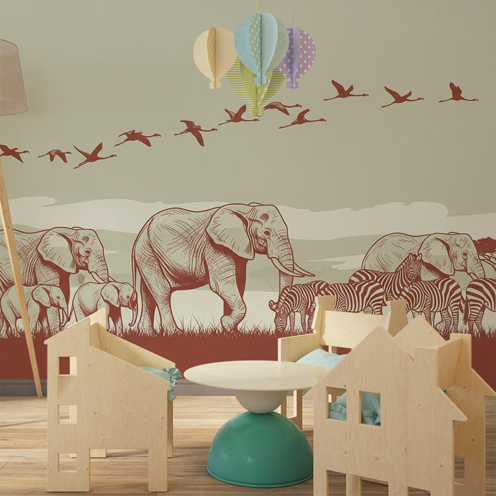 Papel de parede criança | Elegância da savana com elefantes e zebras