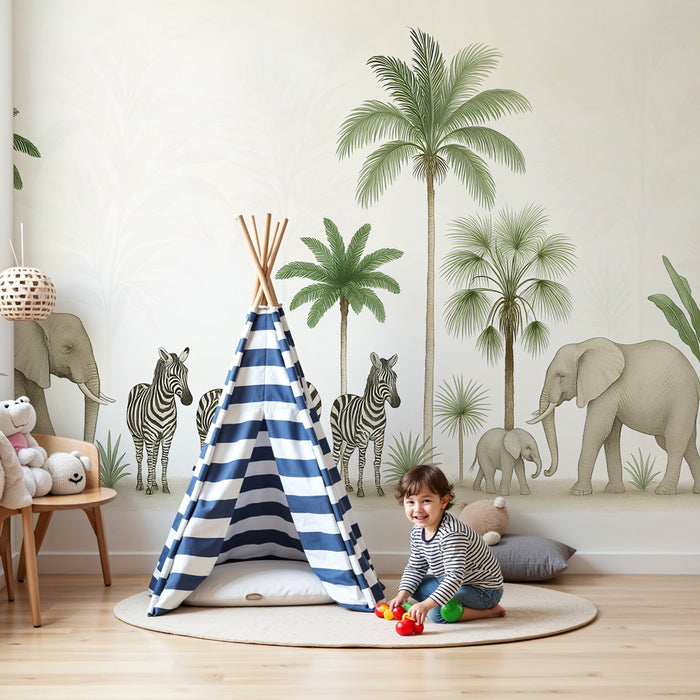Kids room wallpaper | Elegant safari with elephants and zebras