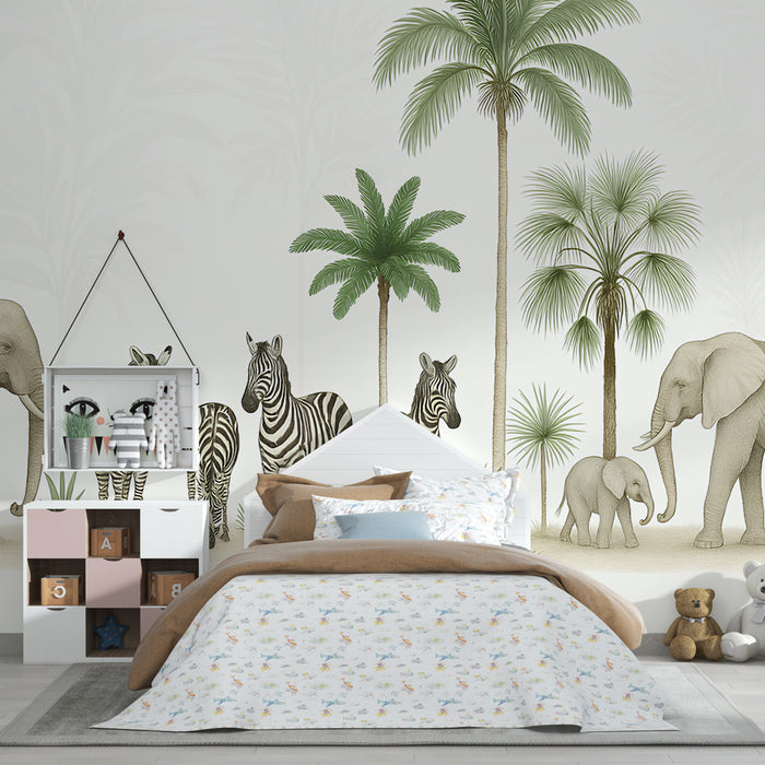 Kids room wallpaper | Elegant safari with elephants and zebras