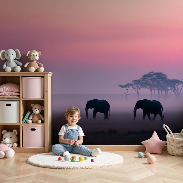 Papier peint chambre enfant | Élégance des éléphants au crépuscule