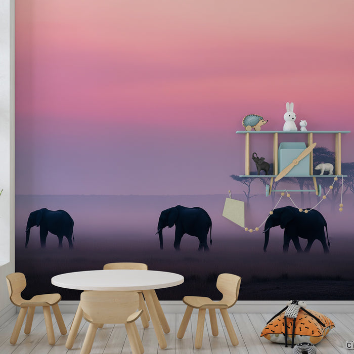 Papier peint chambre enfant | Élégance des éléphants au crépuscule