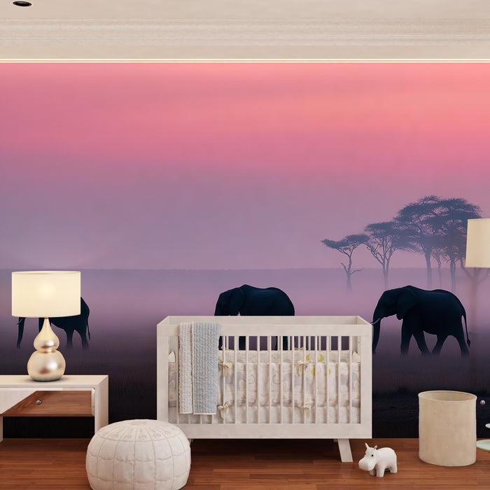 Papier peint chambre enfant | Élégance des éléphants au crépuscule