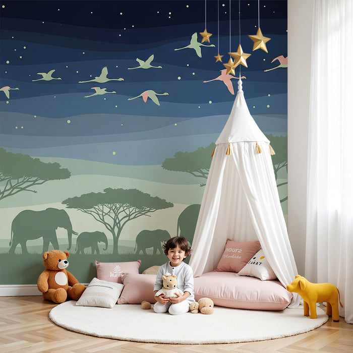 Tapet barnerom | Nattlig eleganse med elefanter og fugler