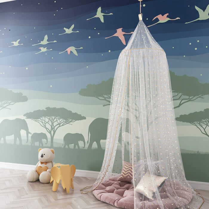 Tapet barnerom | Nattlig eleganse med elefanter og fugler