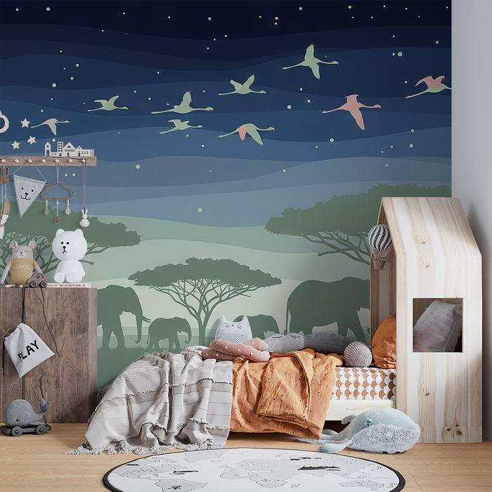 Tapet barnerom | Nattlig eleganse med elefanter og fugler