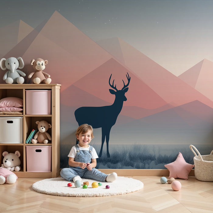 Papier peint chambre enfant | Élégant cerf et montagnes pastel