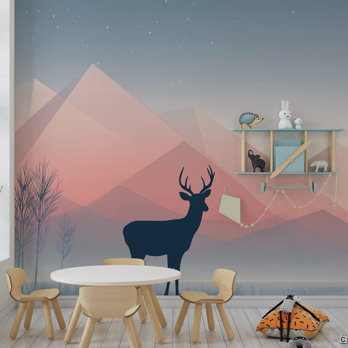 Papier peint chambre enfant | Élégant cerf et montagnes pastel