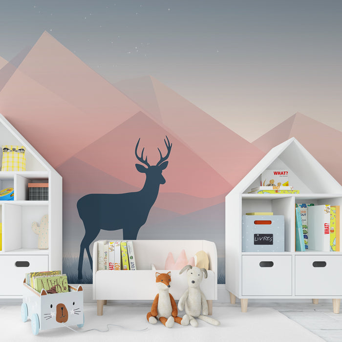 Papier peint chambre enfant | Élégant cerf et montagnes pastel